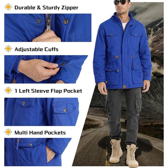 Mens Royal Blue Thick Winter Jacket Hooded Fleece Lined Cotton Military Coat - Picture 4 of 6